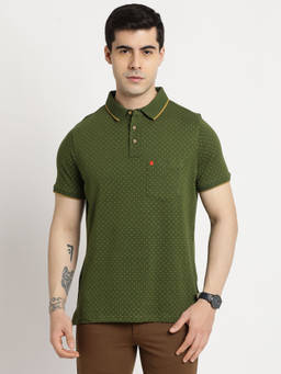 Turtle - Men's Green Printed Slim Fit Polo T-Shirt