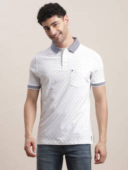 Turtle - Men's White Printed Slim Fit Polo T-Shirt