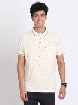 Turtle - Men's Cream Printed Slim Fit Polo T-Shirt