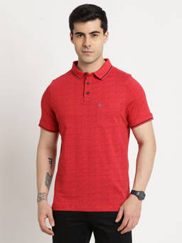 Turtle - Men's Red Printed Slim Fit Polo T-Shirt