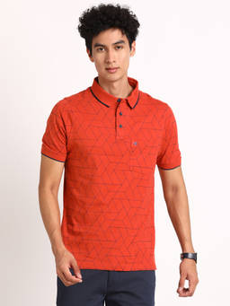 Turtle - Men's Orange Printed Slim Fit Polo T-Shirt