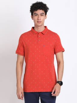 Turtle - Men's Orange Printed Slim Fit Polo T-Shirt