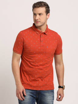 Turtle - Men's Orange Printed Slim Fit Polo T-Shirt