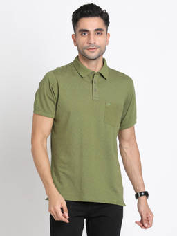Turtle - Men's Cotton Stretch Olive Printed Slim Fit Polo T-Shirt
