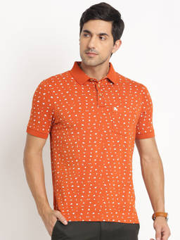 Turtle - Men's Cotton Stretch Orange Printed Slim Fit Polo T-Shirt