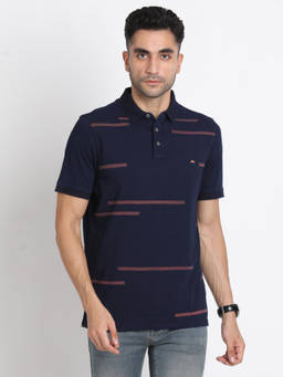 Turtle - Men's Navy Blue Printed Slim Fit Polo T-Shirt
