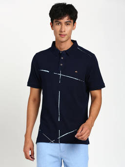 Turtle - Men's Denim Navy Blue Printed Slim Fit Polo T-Shirt
