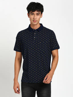 Turtle - Men's Navy Blue Printed Slim Fit Polo T-Shirt
