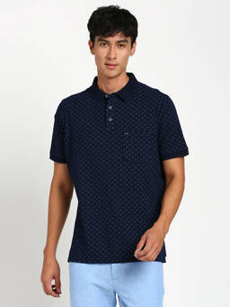 Turtle - Men's Navy Blue Printed Slim Fit Polo T-Shirt