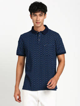 Turtle - Men's Blue Printed Slim Fit Polo T-Shirt