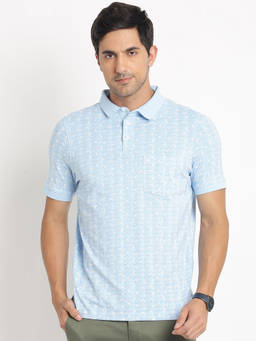 Turtle - Men's Cotton Stretch Light Blue Printed Slim Fit Polo T-Shirt