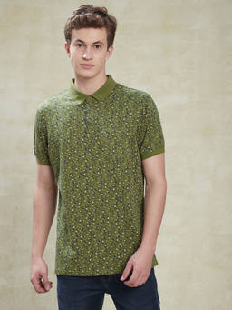 Turtle - Men's Cotton Stretch Green Printed Slim Fit Polo T-Shirt