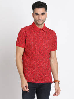 Turtle - Men's Cotton Stretch Red Printed Slim Fit Polo T-Shirt