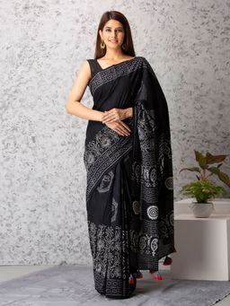 Baisacrafts - Zoey Handblock Cotton Saree With Unstiched Blouse