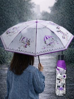 FABINALIV - Purple Graphic Printed Waterproof 3 Fold Compact Umbrella