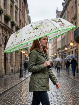 FABINALIV - Green Graphic Printed Waterproof 3 Fold Compact Umbrella
