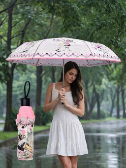 FABINALIV - Baby Pink Graphic Printed Waterproof 3 Fold Compact Umbrella