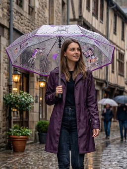 FABINALIV - Purple Graphic Printed Waterproof 3 Fold Compact Transparent Umbrella