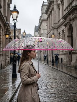 FABINALIV - Pink Graphic Printed Waterproof 3 Fold Compact Transparent Umbrella