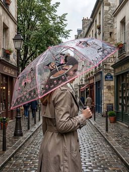 FABINALIV - Baby Pink Graphic Printed Waterproof 3 Fold Compact Transparent Umbrella