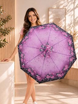 FABINALIV - Purple Floral Auto ON/OFF Waterproof Automatic Compact 3 Fold Printed Umbrella