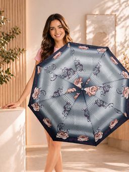 FABINALIV - Grey Floral Auto ON/OFF Waterproof Automatic Compact 3 Fold Printed Umbrella