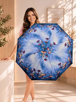 FABINALIV - Blue Floral Auto ON/OFF Waterproof Automatic Compact 3 Fold Printed Umbrella