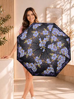 FABINALIV - Black Floral Auto ON/OFF Waterproof Automatic Compact 3 Fold Printed Umbrella