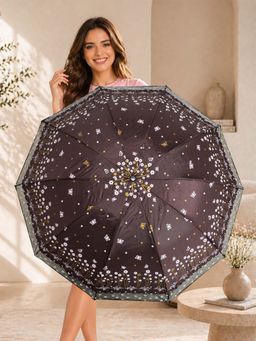 FABINALIV - Brown Floral Waterproof 3 Fold Compact Printed Umbrella