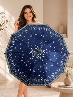 FABINALIV - Navy Blue Floral Waterproof 3 Fold Compact Printed Umbrella