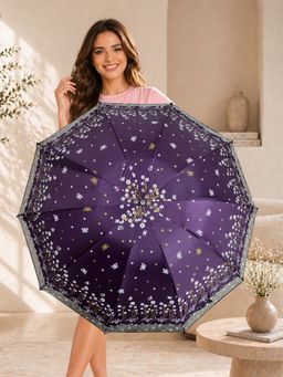 FABINALIV - Purple Floral Waterproof 3 Fold Compact Printed Umbrella