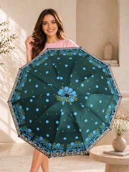 FABINALIV - Green Floral Waterproof 3 Fold Compact Printed Umbrella