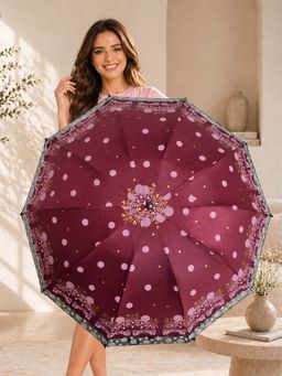 FABINALIV - Maroon Floral Waterproof 3 Fold Compact Printed Umbrella
