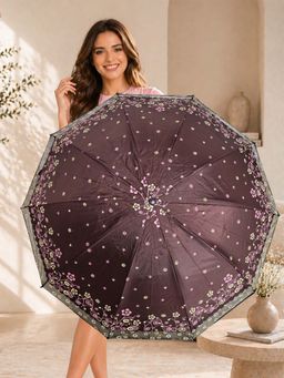 FABINALIV - Brown Floral Waterproof 3 Fold Compact Printed Umbrella