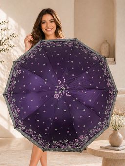 FABINALIV - Purple Floral Waterproof 3 Fold Compact Printed Umbrella