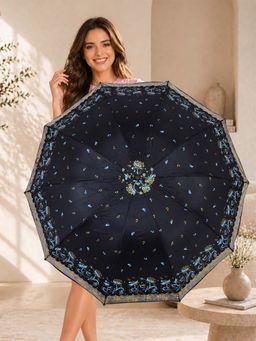 FABINALIV - Black Floral Waterproof 3 Fold Compact Printed Umbrella