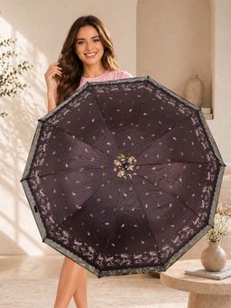 FABINALIV - Brown Floral Waterproof 3 Fold Compact Printed Umbrella
