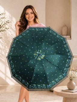 FABINALIV - Green Floral Waterproof 3 Fold Compact Printed Umbrella