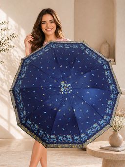 FABINALIV - Navy Blue Floral Waterproof 3 Fold Compact Printed Umbrella