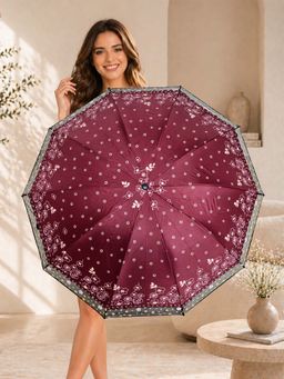FABINALIV - Maroon Floral Waterproof 3 Fold Compact Printed Umbrella