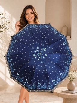 FABINALIV - Navy Blue Floral Waterproof 3 Fold Compact Printed Umbrella