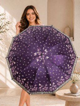 FABINALIV - Purple Floral Waterproof 3 Fold Compact Printed Umbrella