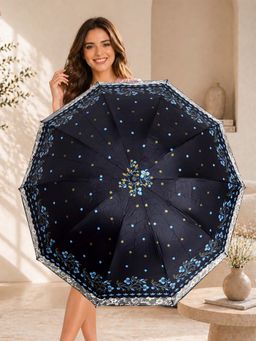 FABINALIV - Black Floral Waterproof 3 Fold Compact Printed Umbrella