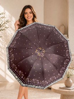 FABINALIV - Brown Floral Waterproof 3 Fold Compact Printed Umbrella