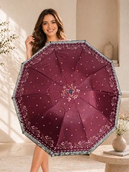 FABINALIV - Maroon Floral Waterproof 3 Fold Compact Printed Umbrella