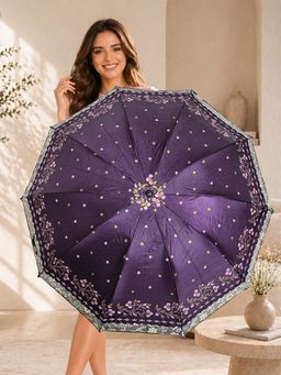 FABINALIV - Purple Floral Waterproof 3 Fold Compact Printed Umbrella