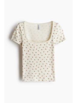 H&M - Women White Picot-Trimmed Ribbed T-Shirt