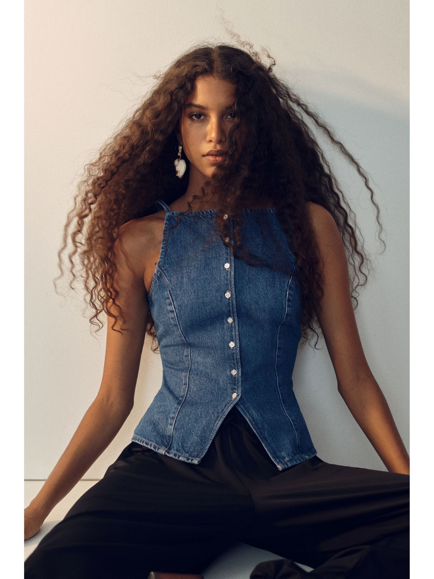 Women Blue Denim waistcoat style Top-image-5