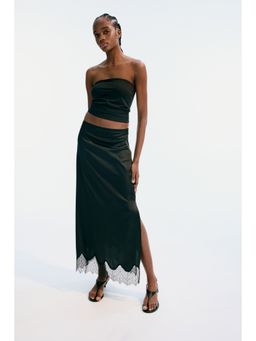 H&M - Women Black Lace-Trimmed Satin Skirt