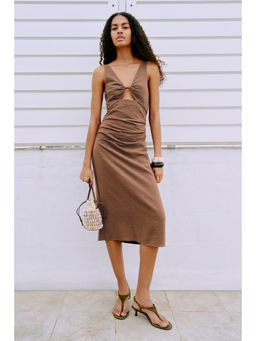 H&M - Women Beige Linen-Blend Cut-Out Dress
